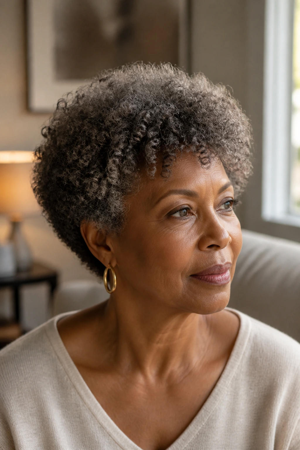 Close-up portrait of a real woman with a fluffed-out coil crop, short coils forming a soft cloud around the head, warm window light