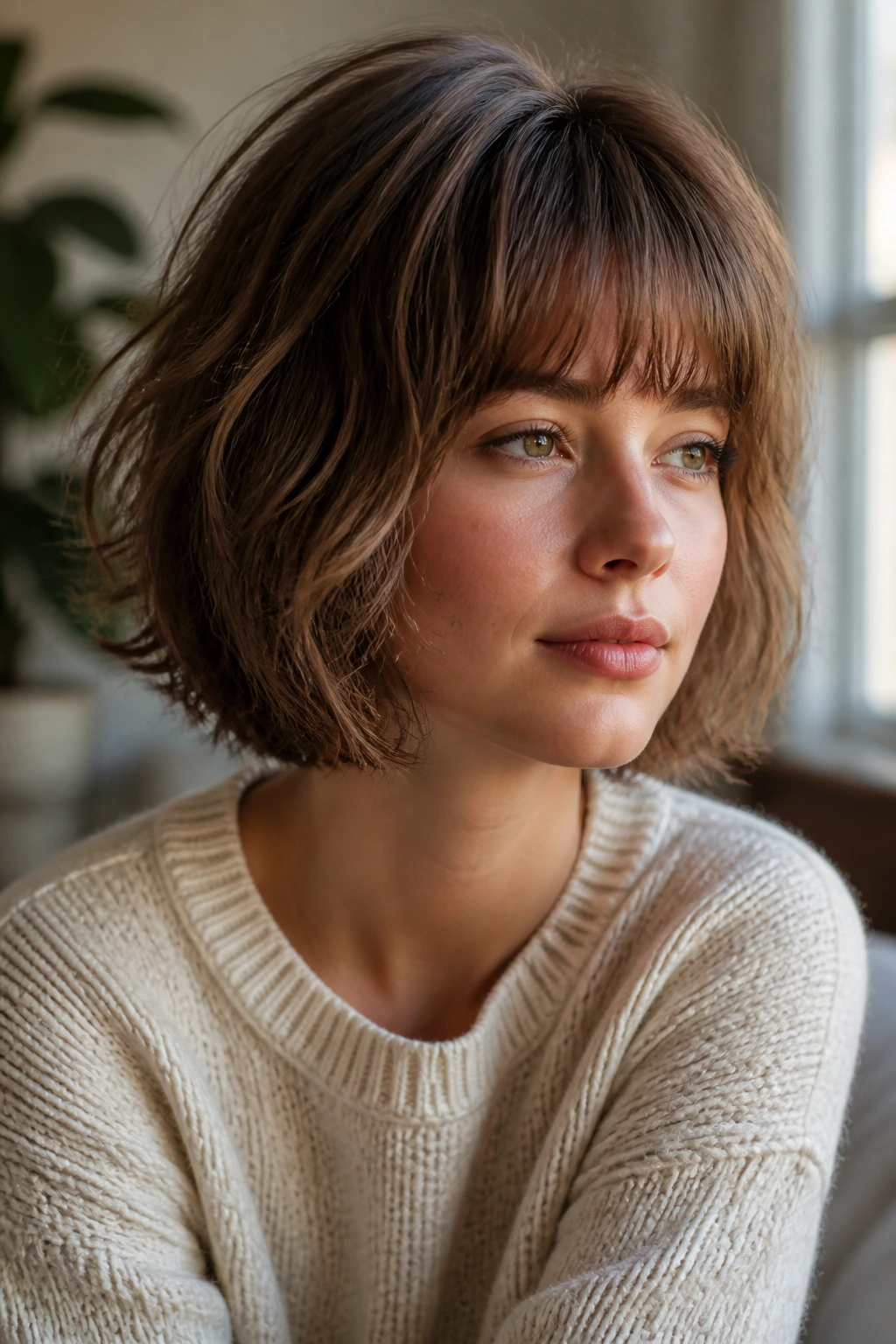 Close-up portrait of a real woman with a fluffy bob and bangs in warm window light