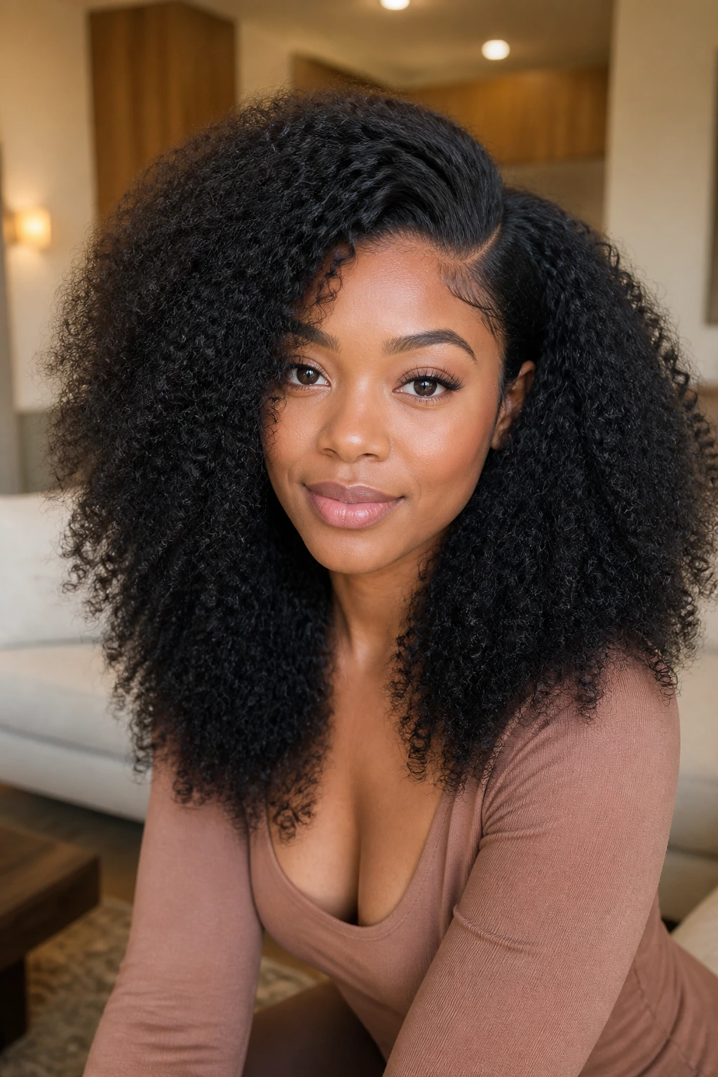 Portrait of a real person wearing fluffy kinky curly wig with side part in a cozy living room