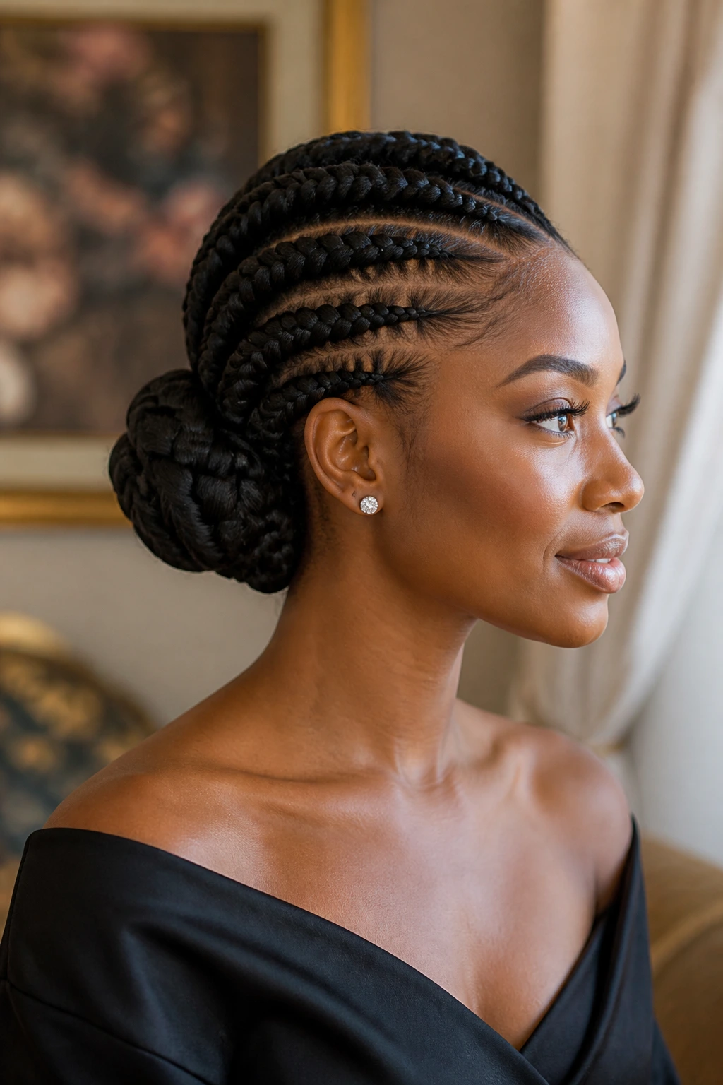 Close-up of a real person with a formal knot chignon and braided base