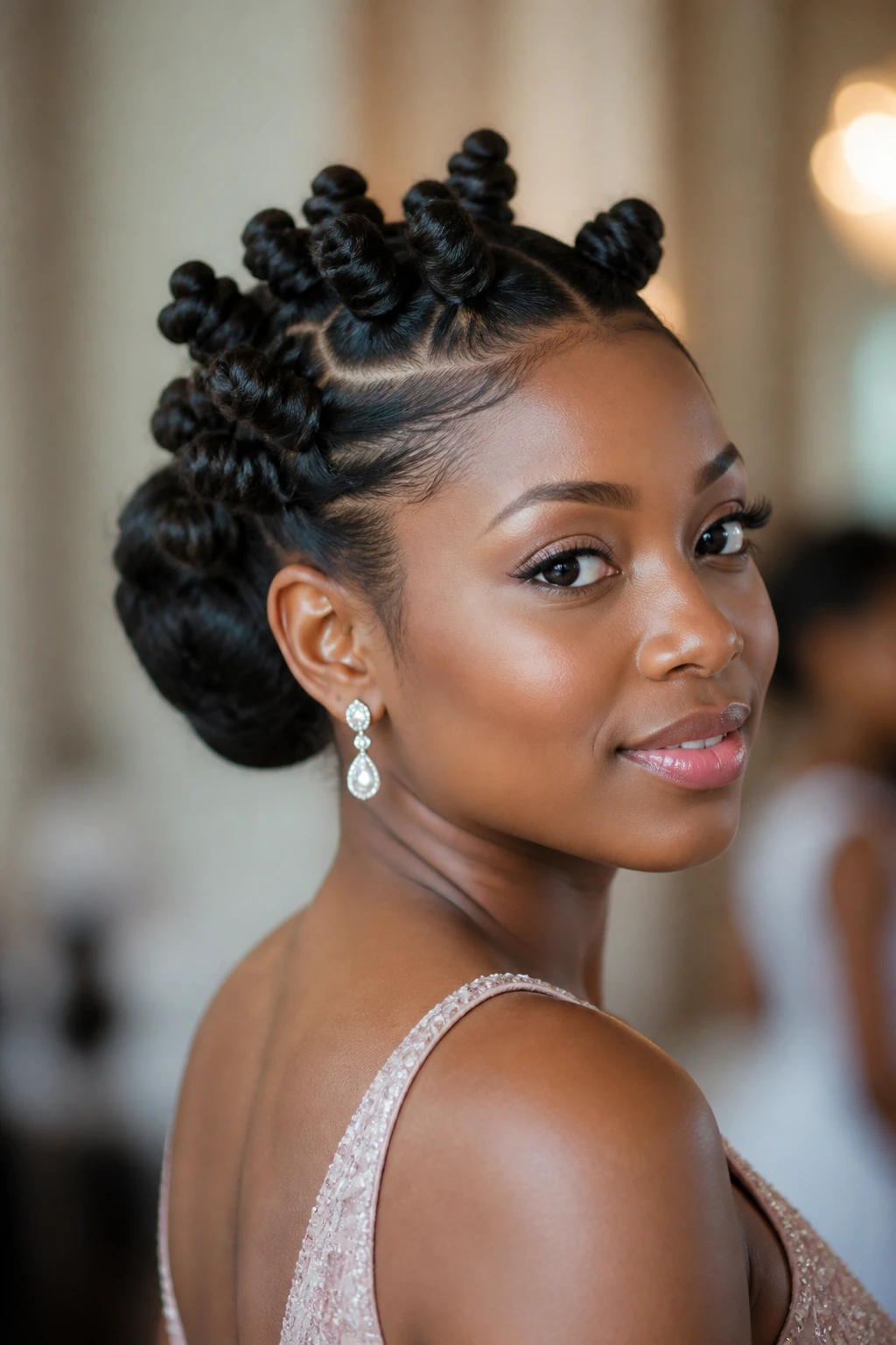 Portrait of a real woman with formal updo Bantu knots around the crown