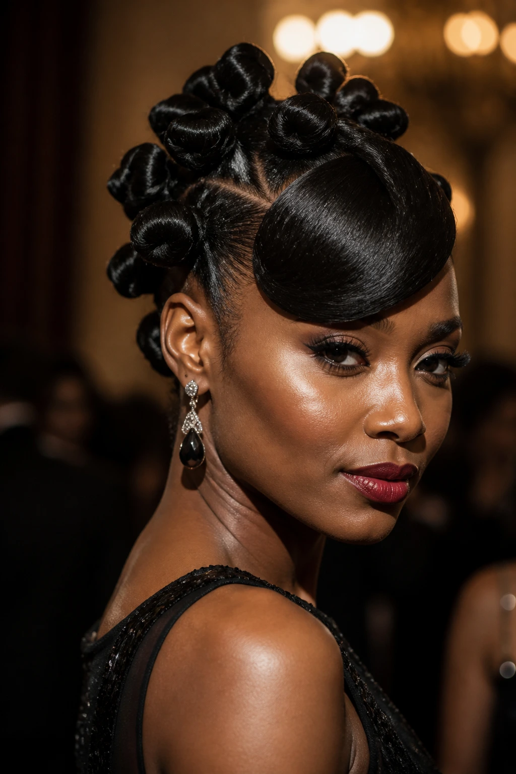 Close-up of real woman with formal updo Bantu knots and sculpted side fringe at gala.