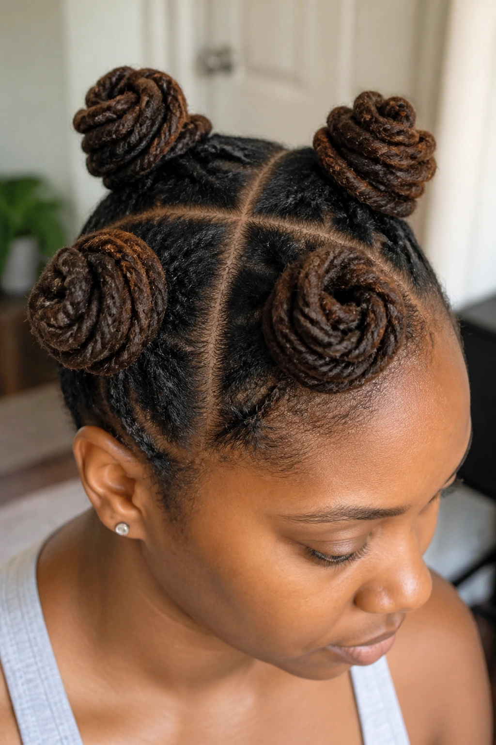 Close-up of a real person showing a four-corner grid of large knots on the head