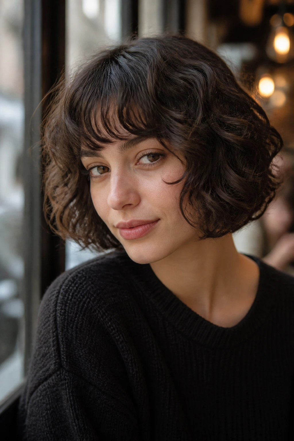 Real woman wearing a French bob with a soft fringe in cafe light