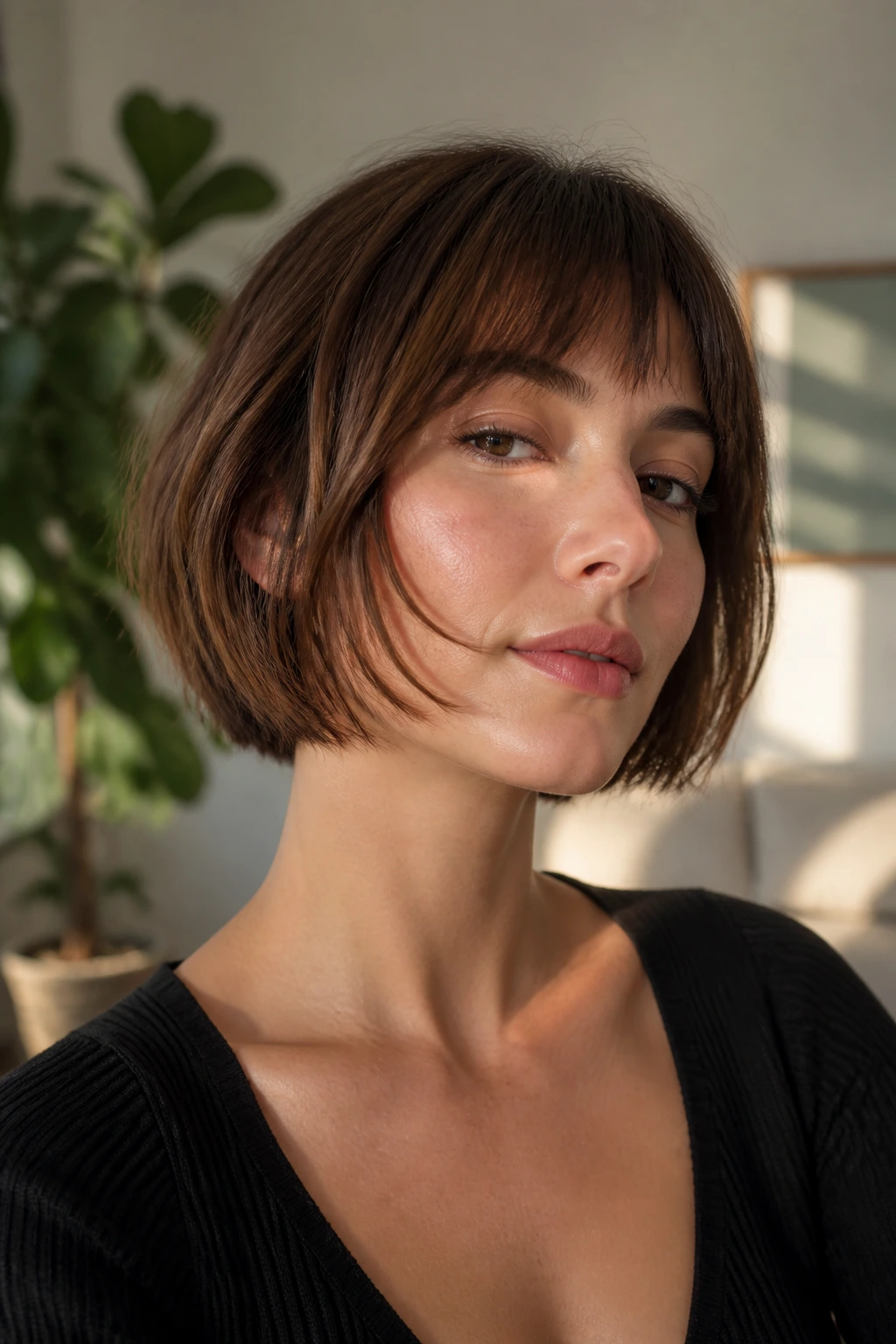 Real woman with cheekbone-length French bob textured ends framing cheeks