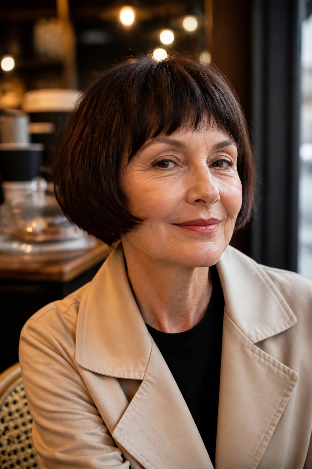 Real woman wearing a French bob with a short fringe in a cafe setting.