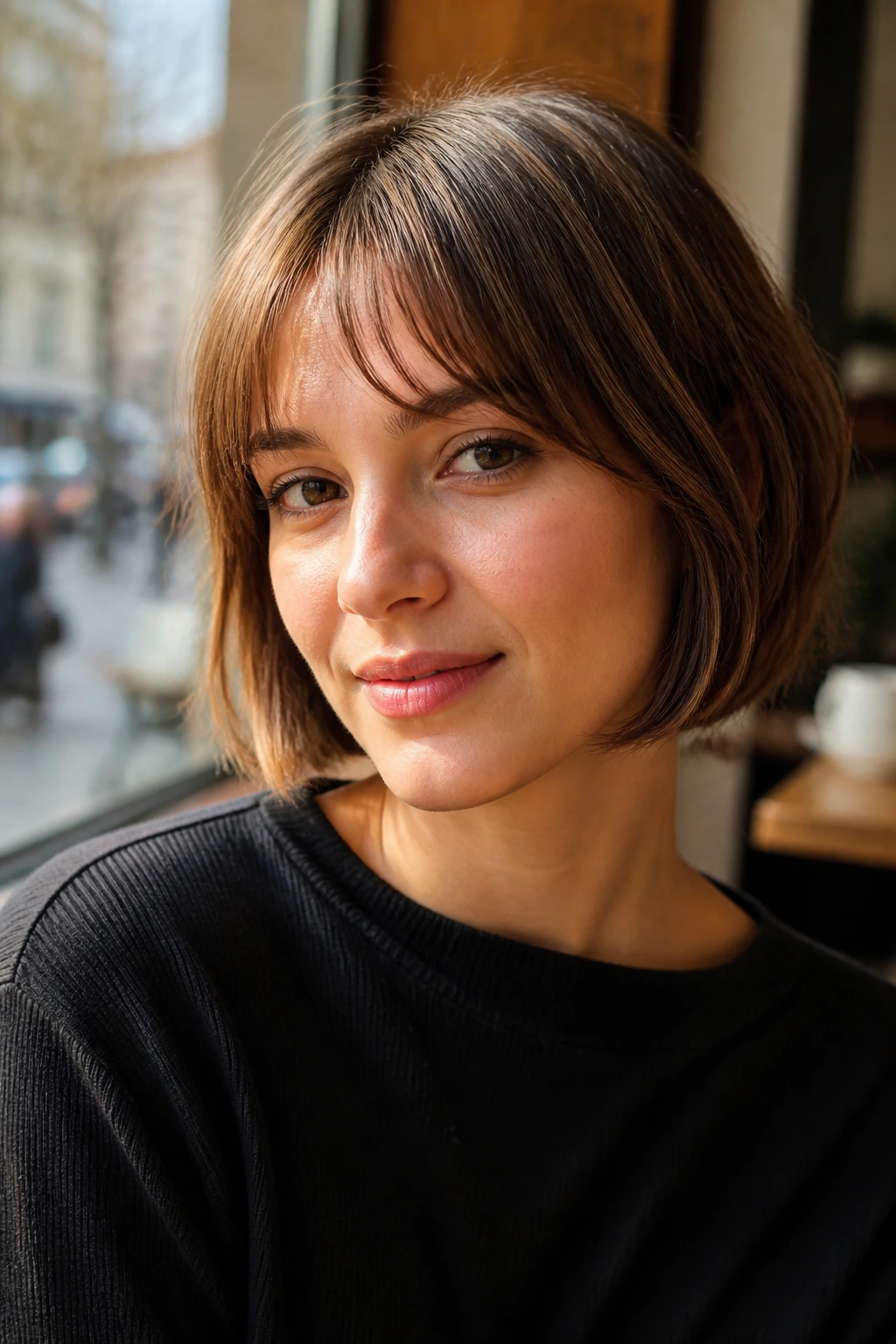 Close-up portrait of a real woman with a jaw-length French bob featuring soft edges and wispy bangs in a sunlit cafe.