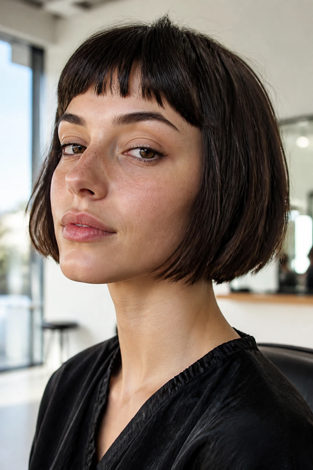 Close-up of a real woman with a French bob and micro bangs under bright salon light