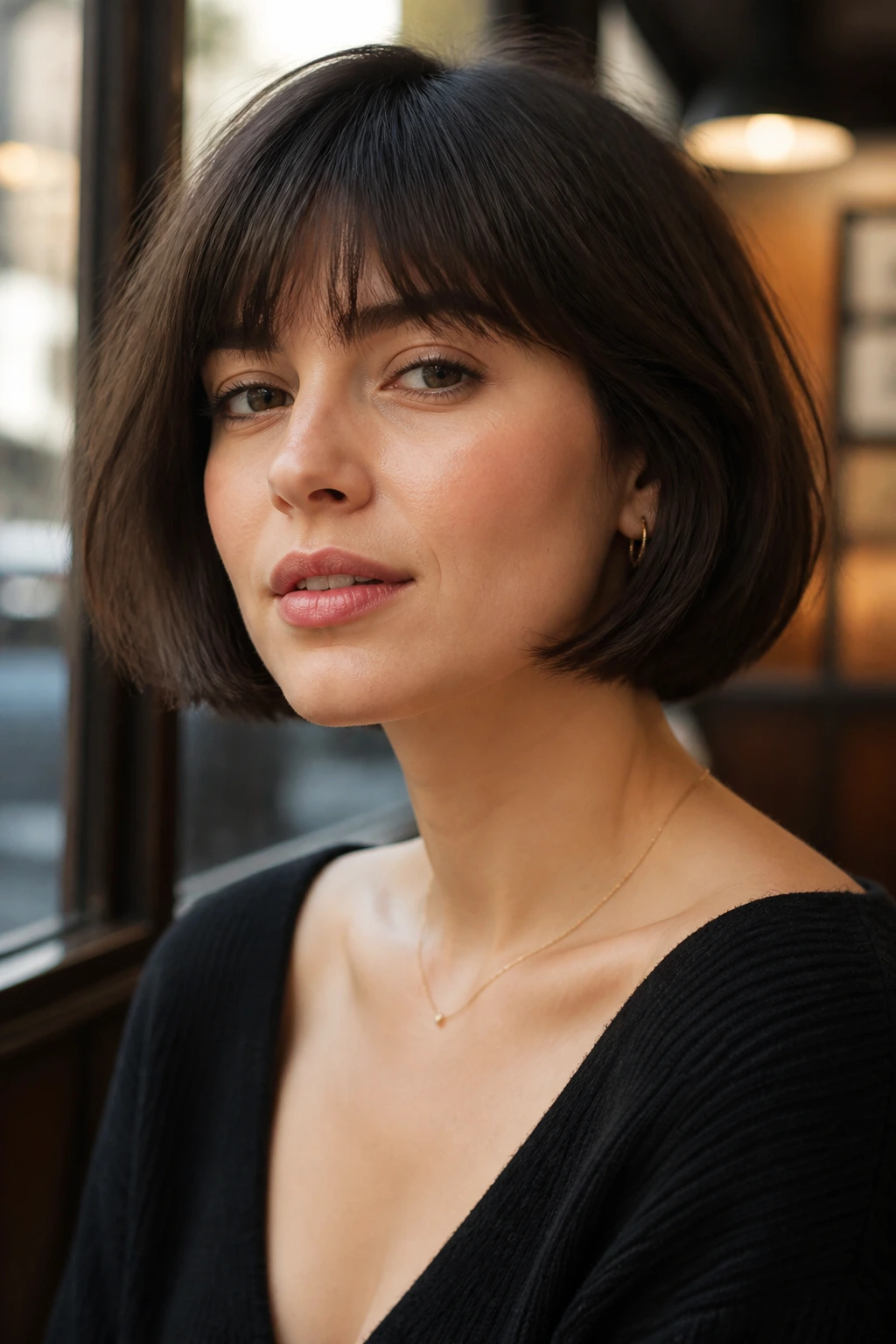 Portrait of a real woman with a jaw-length French bob and soft fringe