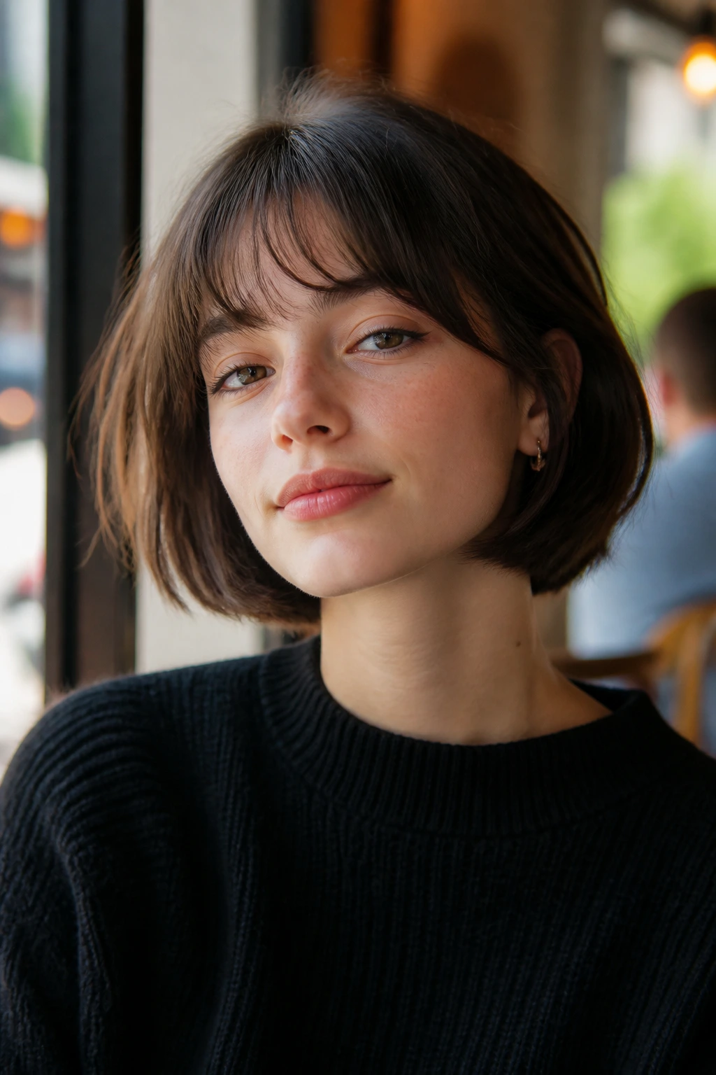 Close-up of a real teen girl with a French bob and soft fringe in warm café light