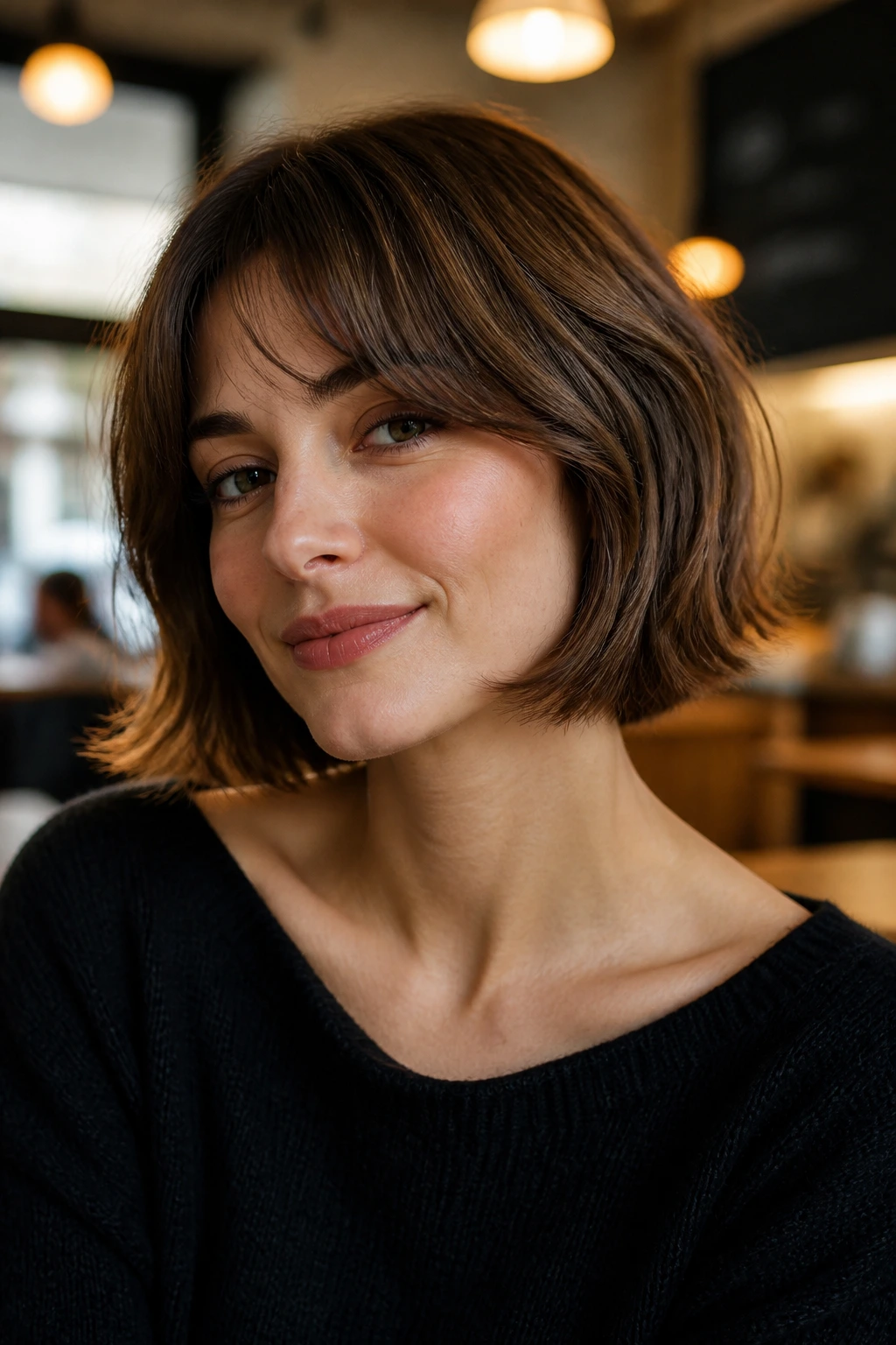 Real person wearing French bob with soft layers in warm cafe light