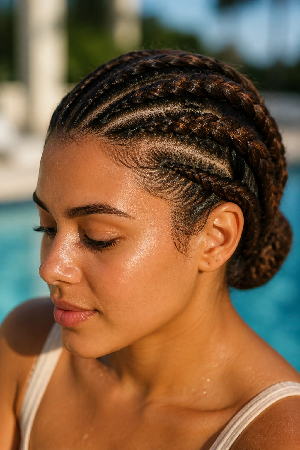 Real woman with classic French braids for curly hair at poolside