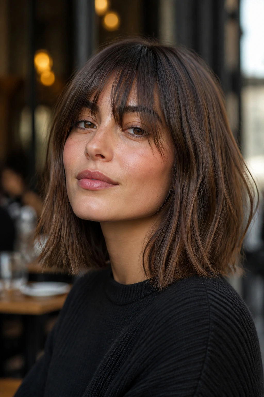 Real woman sporting a French-girl lob with piecey bangs in a chic cafe.