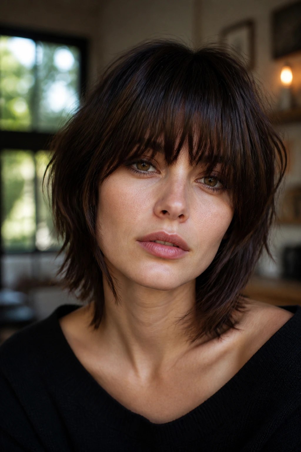 Real woman with heavy-fringe French wolf cut in natural light.