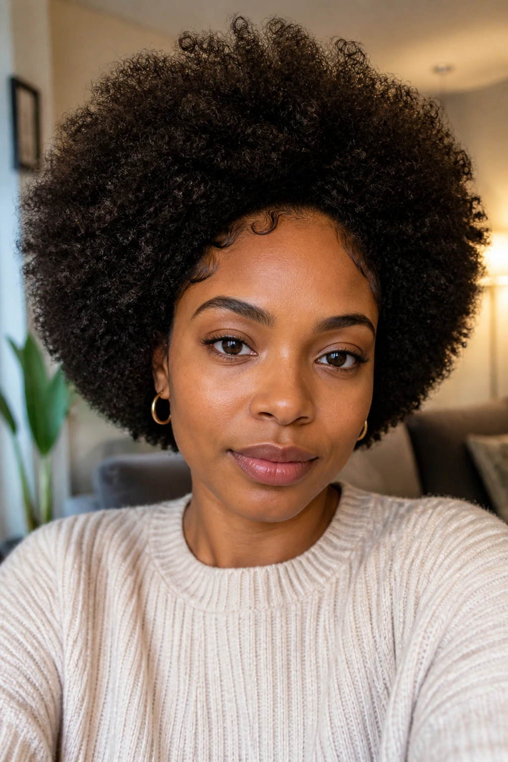 Close-up portrait of a person with a rounded afro shaping around the face