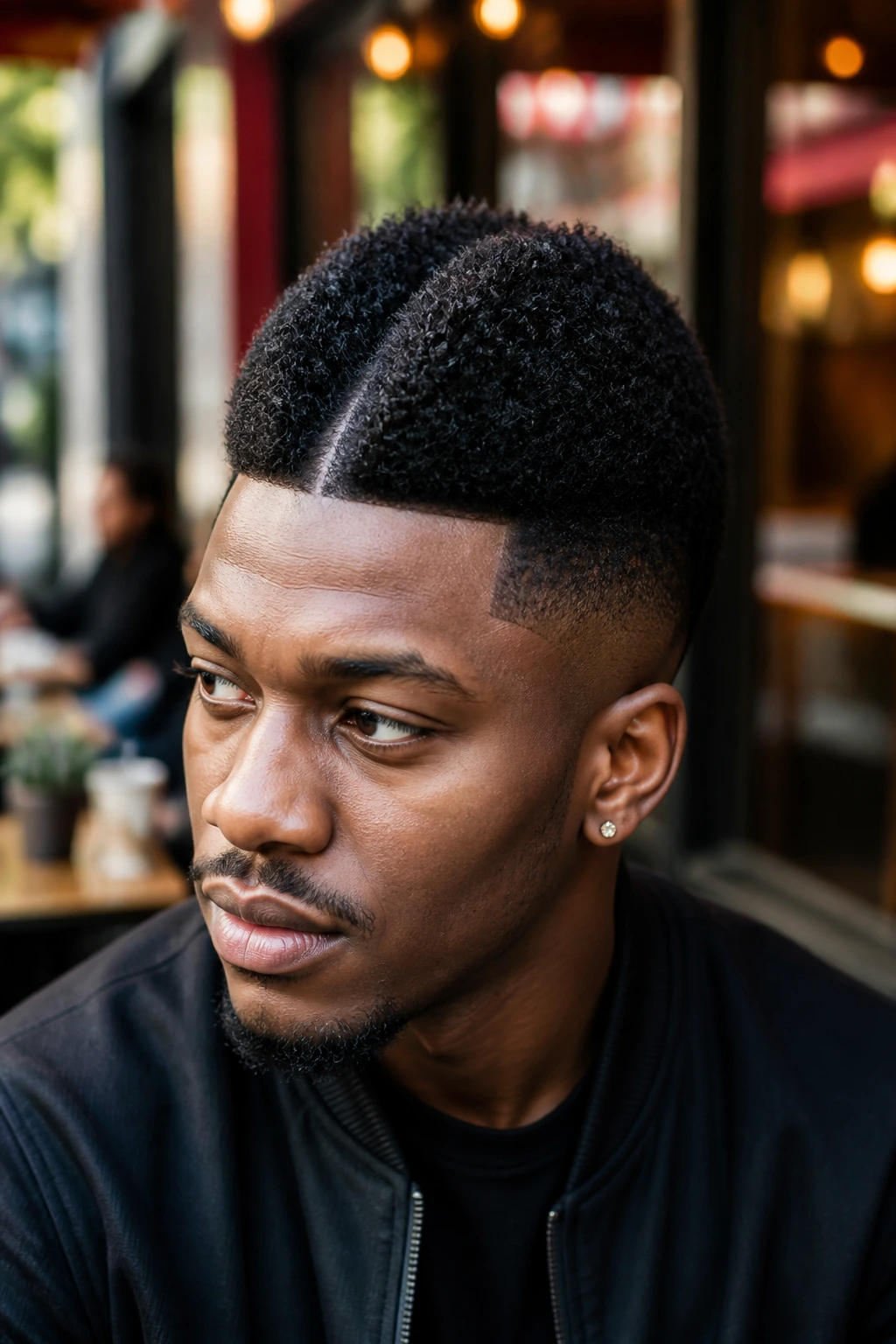 Close-up portrait of a real person with a frohawk featuring a narrow center ridge