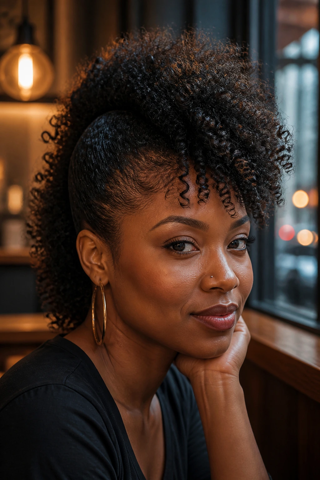 Close-up portrait of a real woman with a curly frohawk hairstyle, center ridge tall, sides pinned back, warm cafe window light.