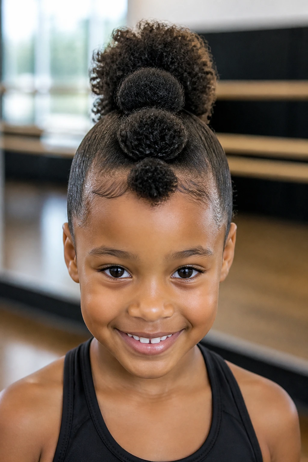 Child with curly frohawk and central puffs, sides slicked down.