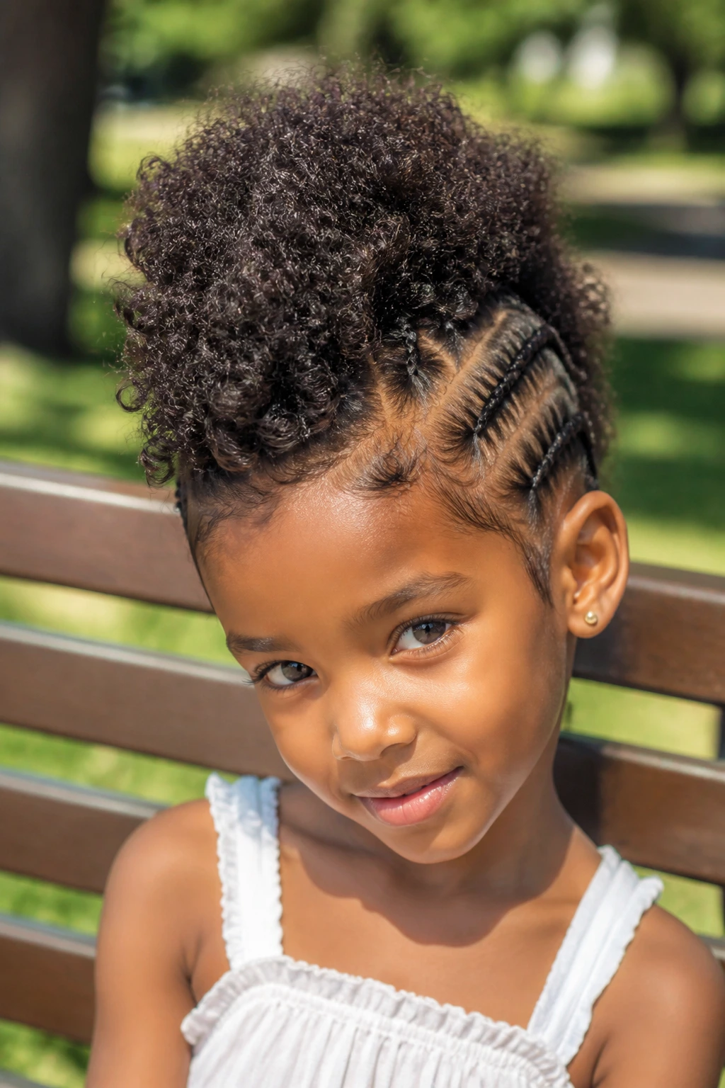 Frohawk hairstyle with soft side braids on a real child.