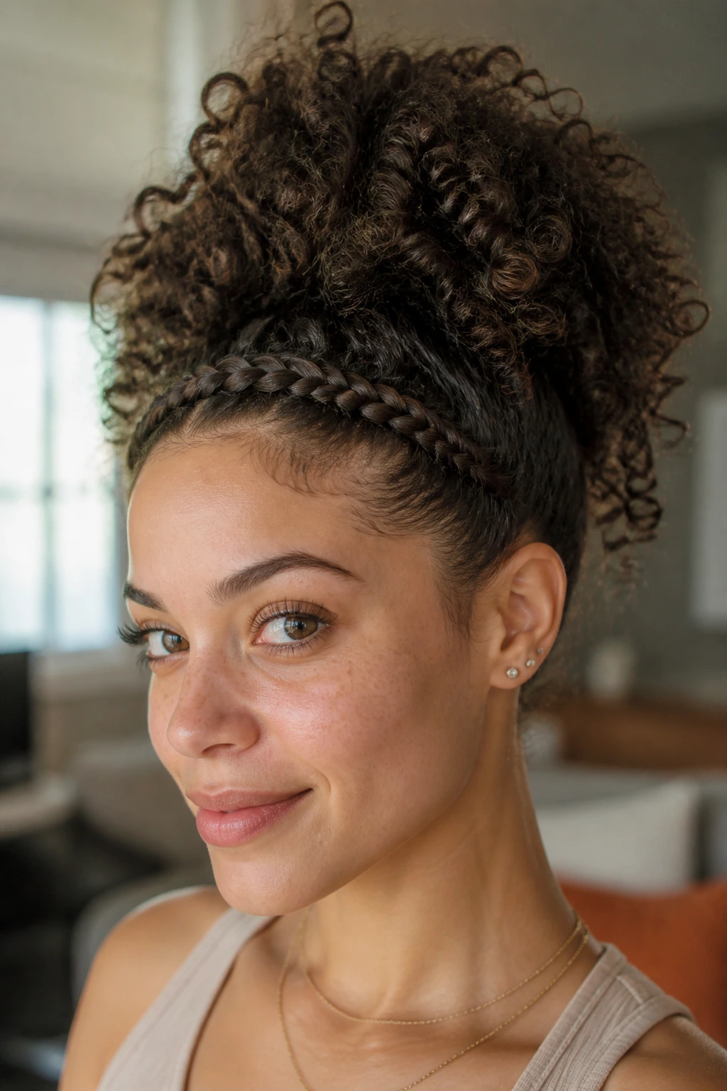 Close-up of a front braid leading into a high puff on curly hair