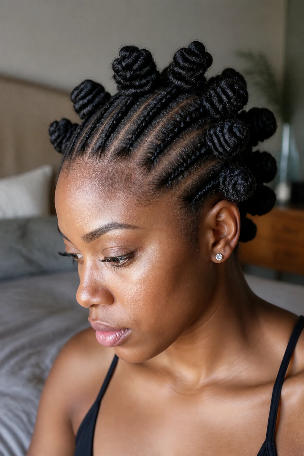Close-up of front cornrows transitioning into crochet Bantu knots on a real person