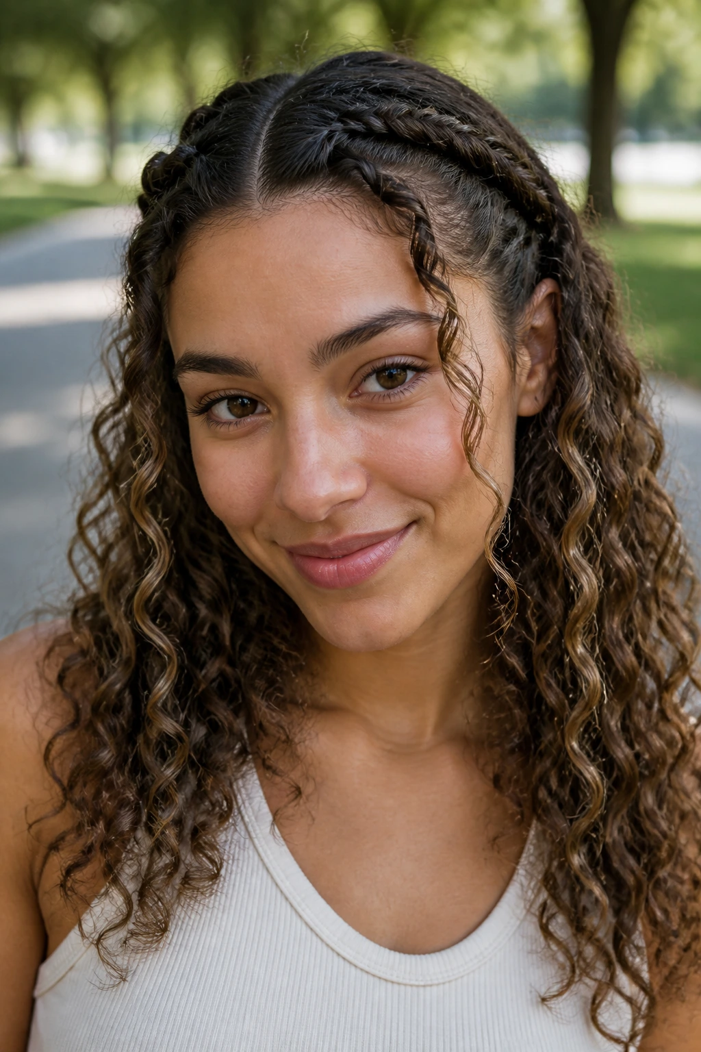 Close-up of a person with twin front Dutch braids framing the face