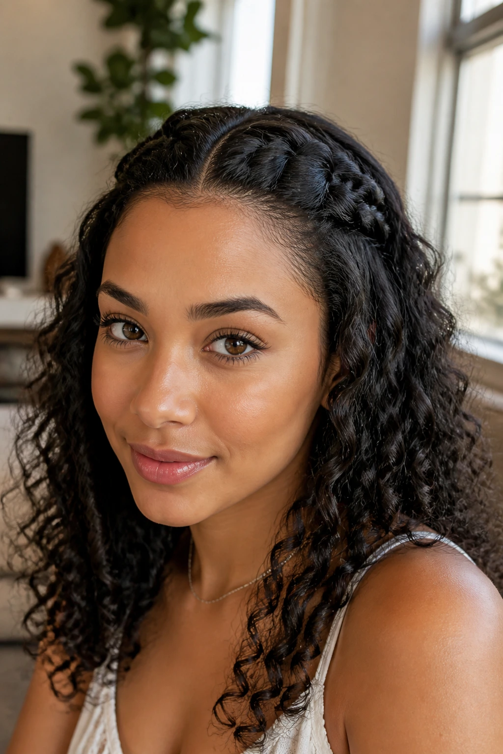 Close-up of a real woman with front twists framing the face