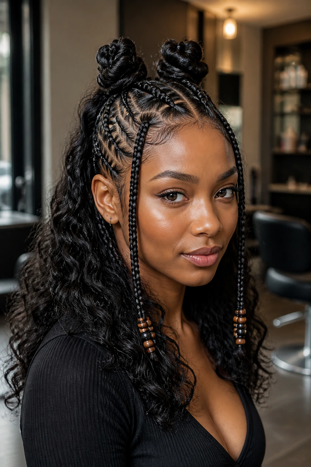Close-up of a real woman's half-up Fulani braids transitioning into crown knots