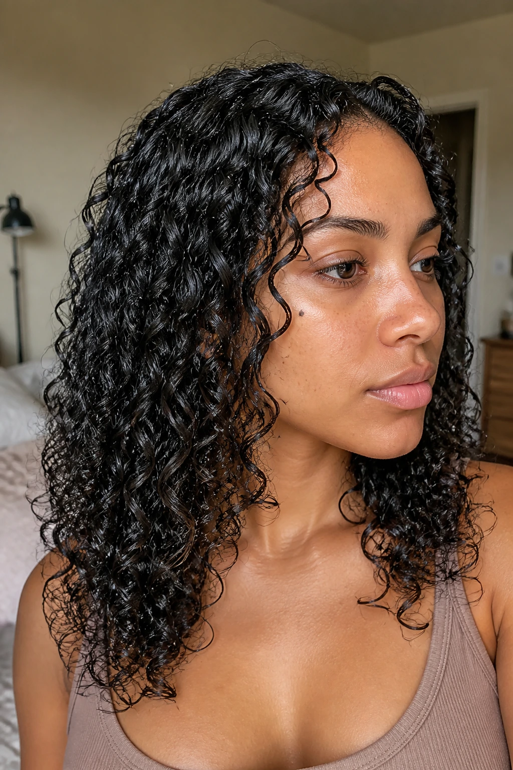 Close-up portrait of a real woman with gel-cast wash-and-go curls under natural window light