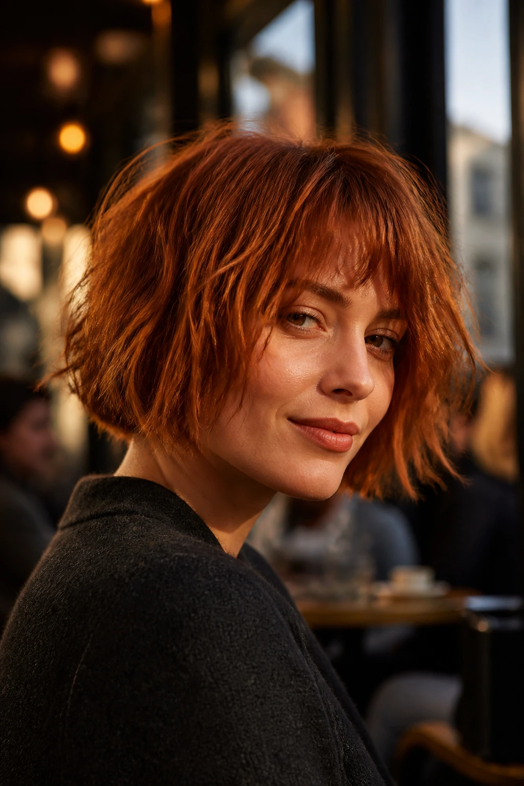 Real woman with ginger shaggy bob in urban cafe light