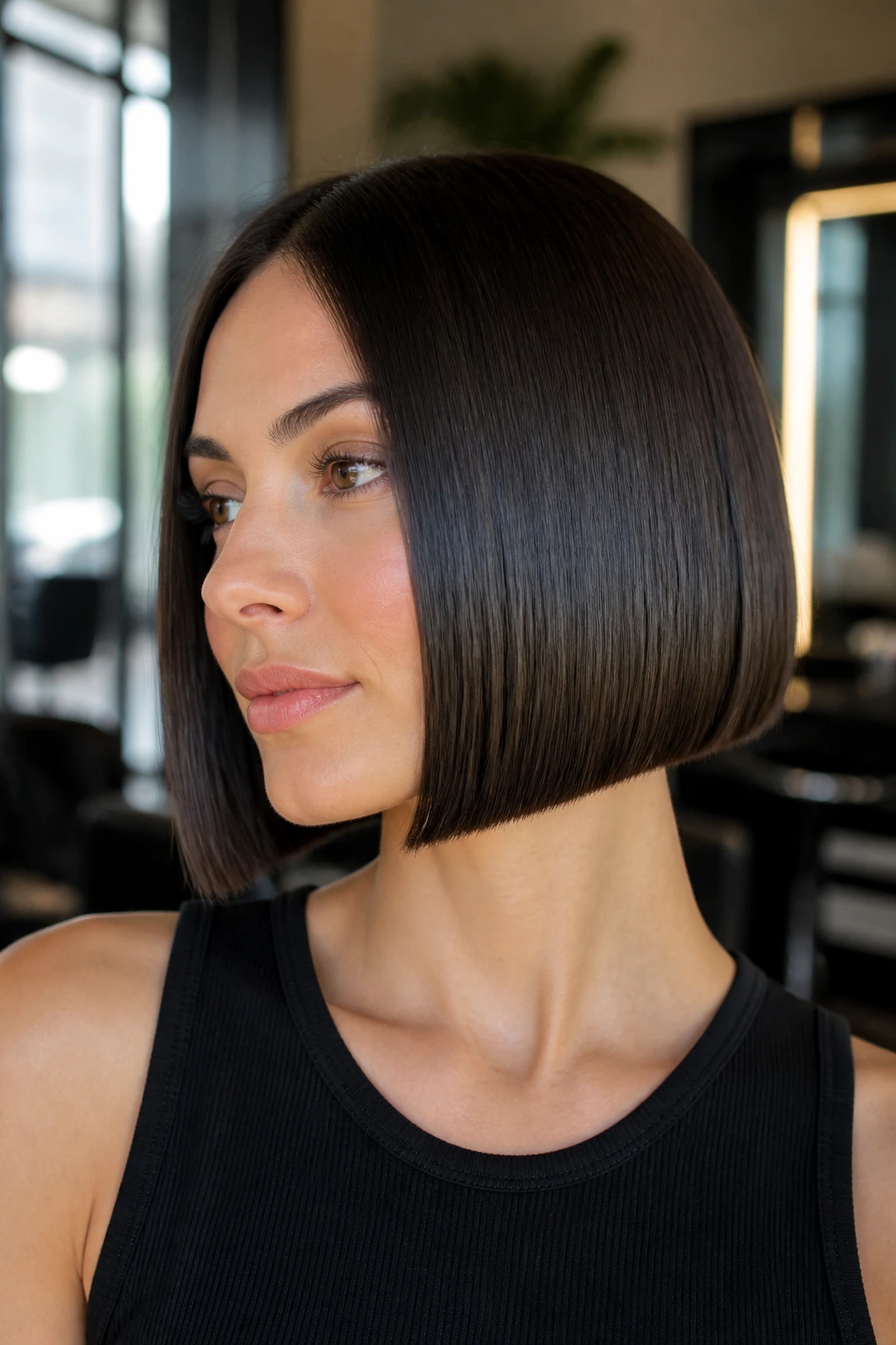 Close-up portrait of a woman with a glassy, reflective straight bob in a salon setting.