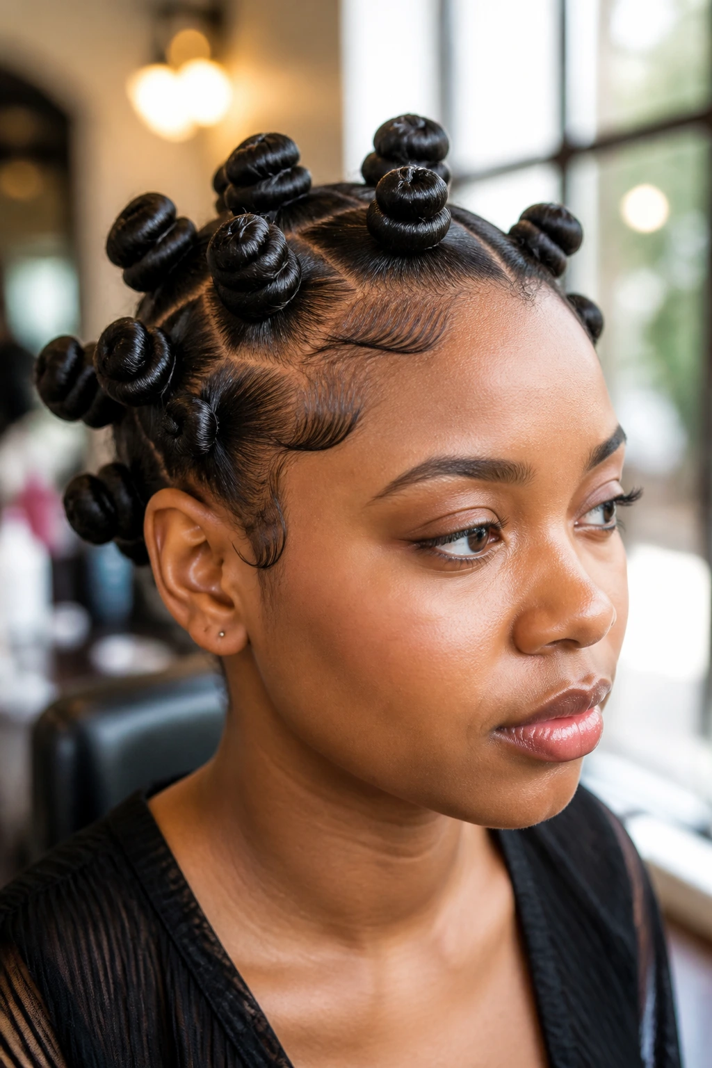 Close-up of a real woman's head with glossy Bantu knots and slick edges in warm salon light