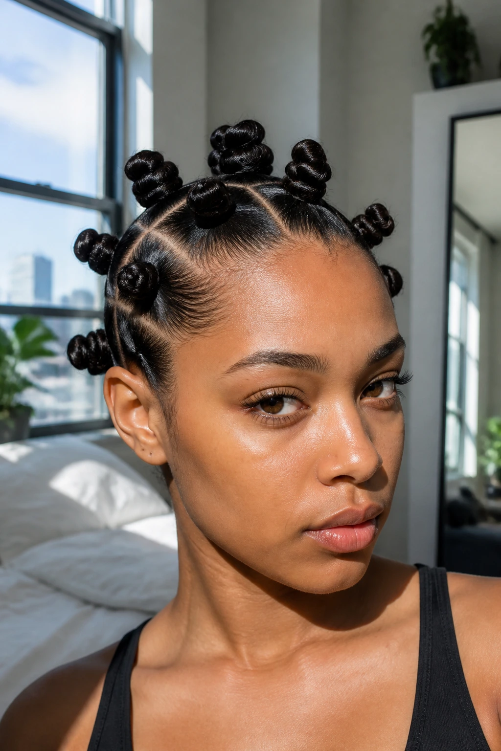 Real person with sleek glossy knots on even-length hair