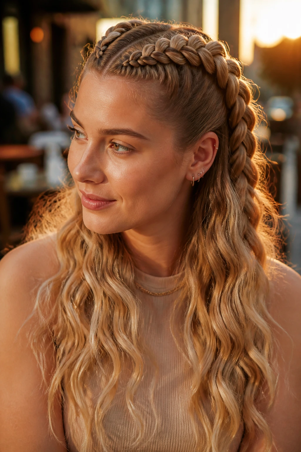 Close-up portrait of a blonde woman with raised goddess braids half-up at golden hour.