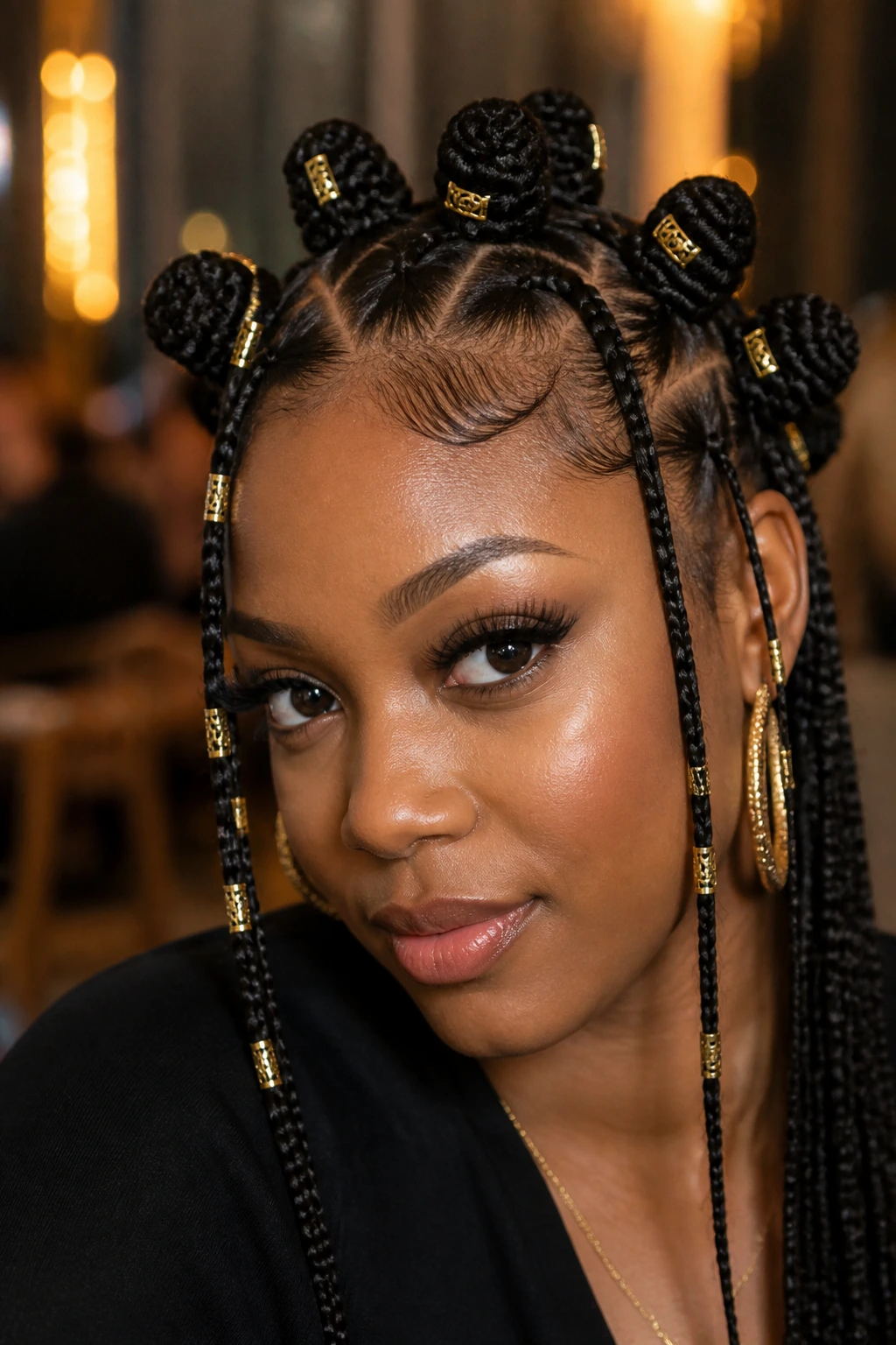 Real person with knots wrapped by gold cuffs on front braids