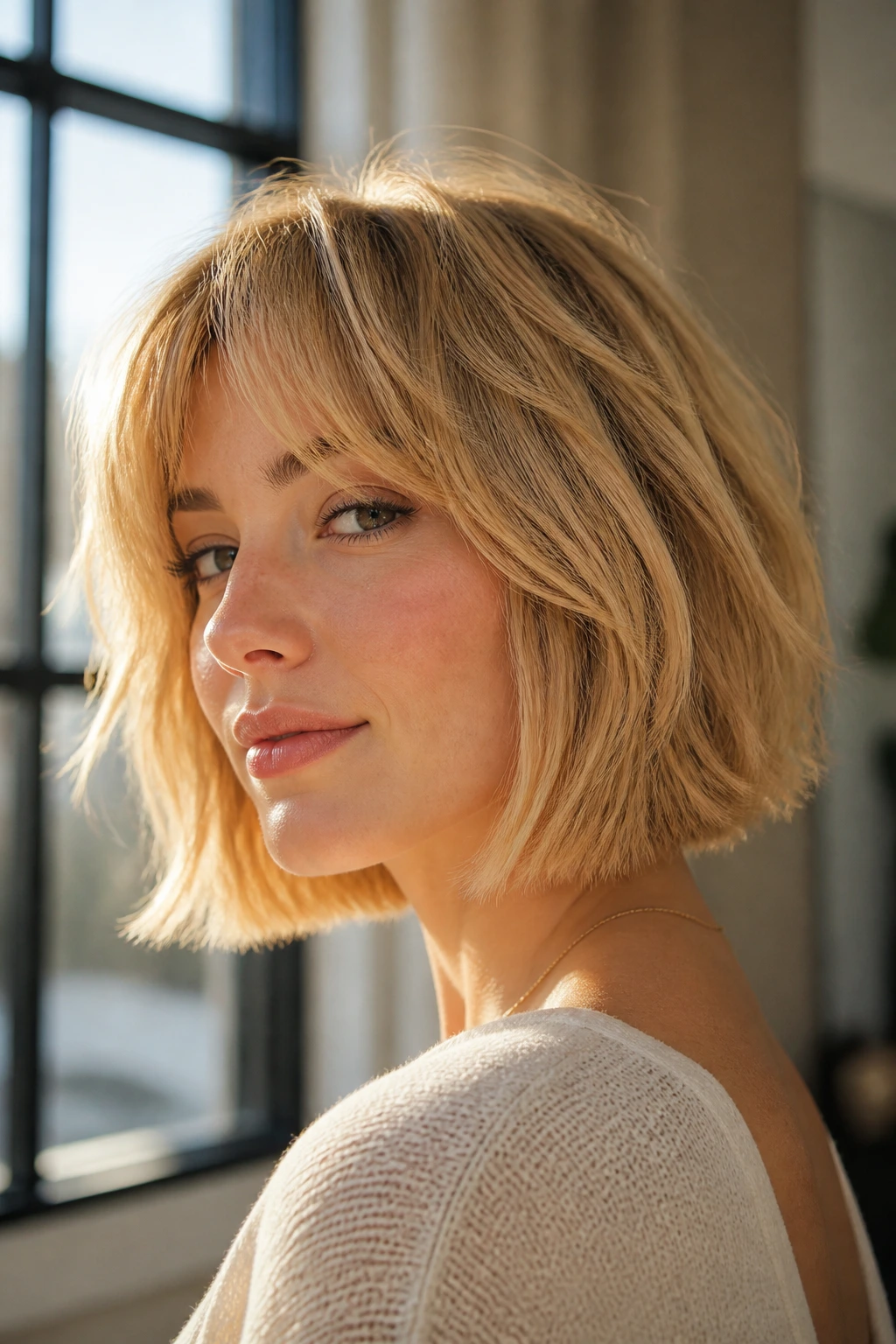 Close-up portrait of a real person with a golden blonde wolf cut bob featuring jaw-length perimeter, warm natural light.