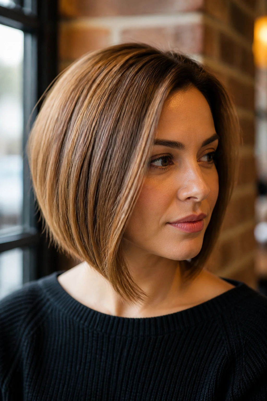 Real woman with golden brunette A-line bob