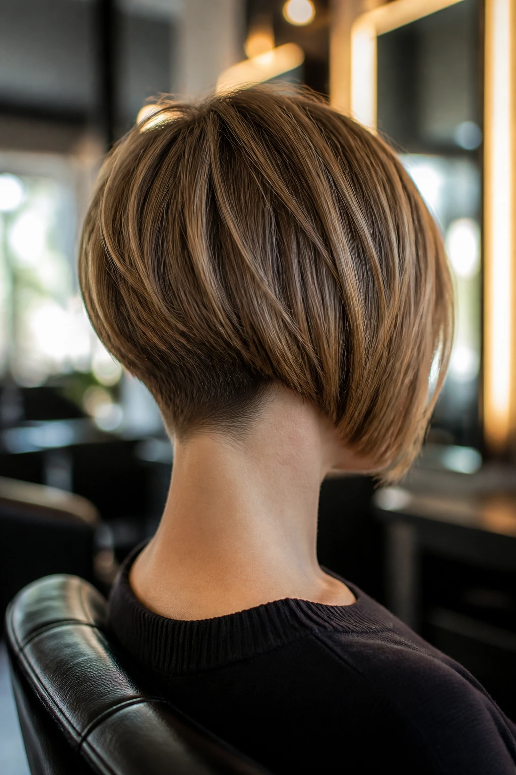 Rear three-quarter view showing graduated bob with a tight nape
