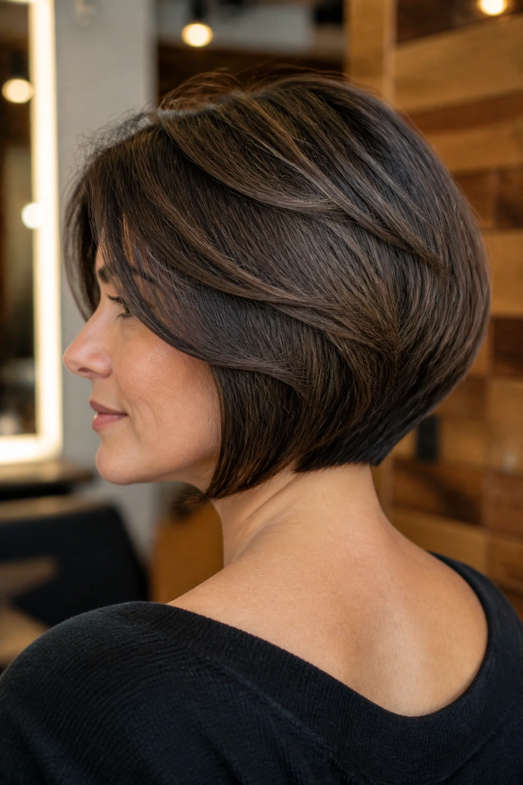 Close-up portrait of a real woman with a graduated bob for thick hair in a salon setting