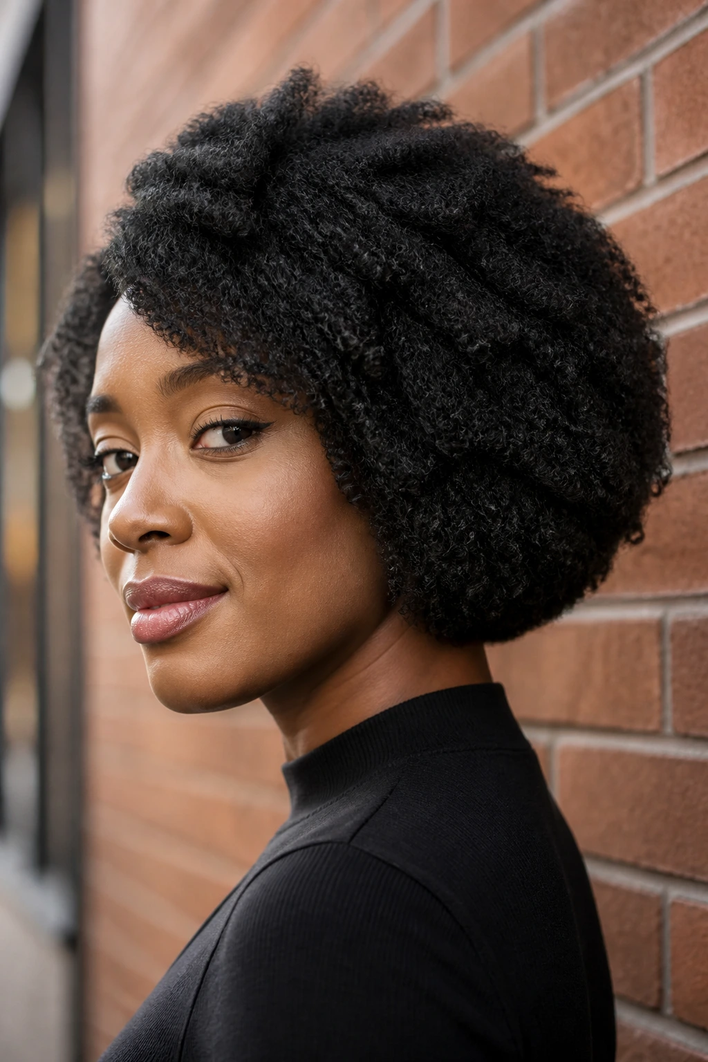 Close-up portrait of a real woman with a graduated bob for thick Type 4 hair