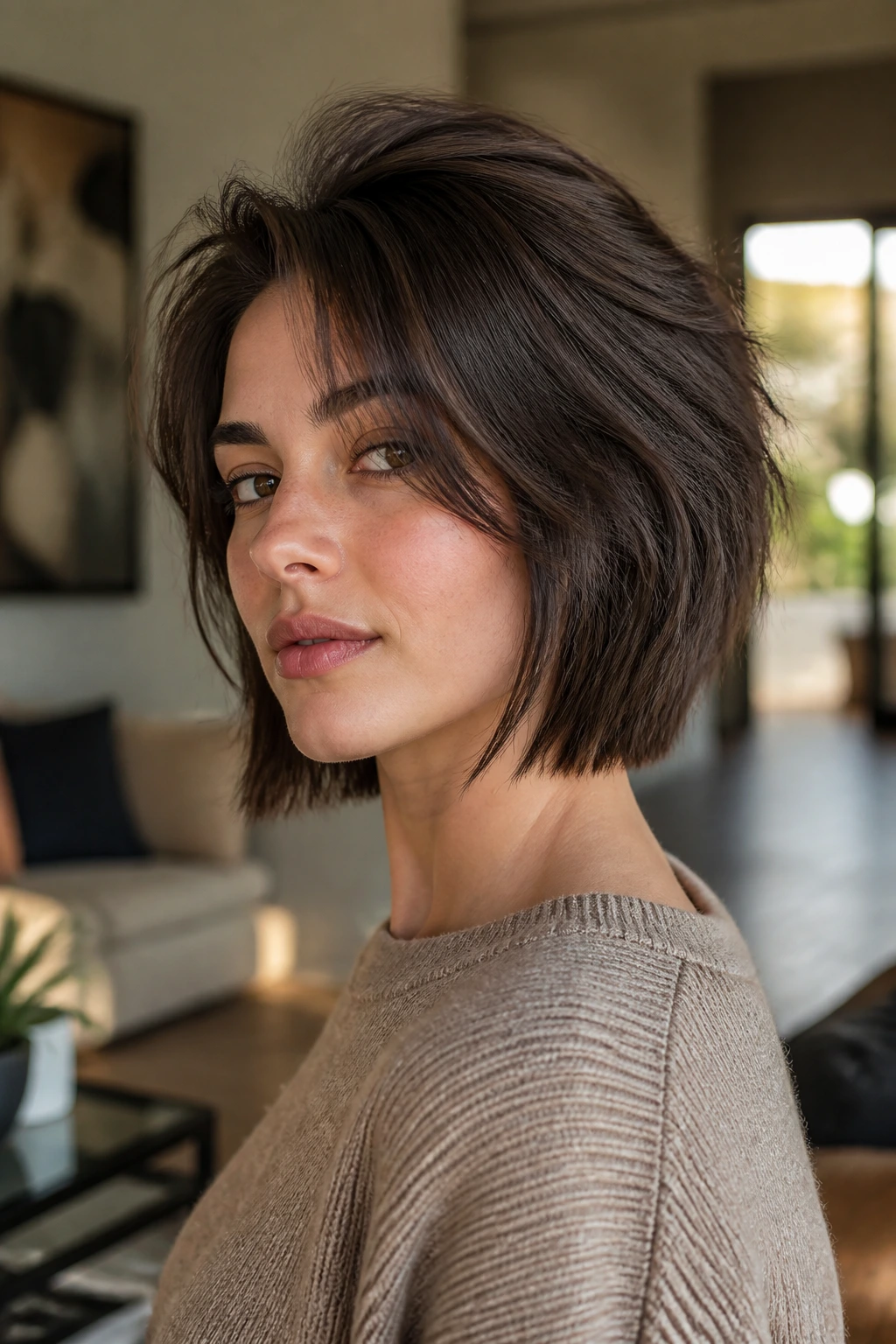 Real woman with crown-volume graduated wolf cut bob in natural daylight.