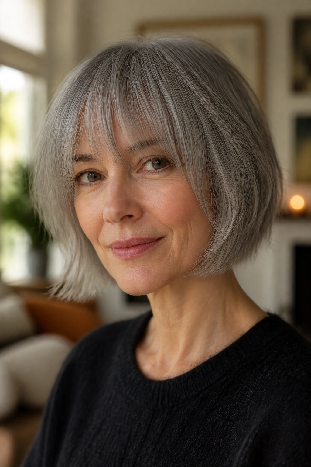 Close-up portrait of a real woman with a French grey bob and wispy fringe in warm window light