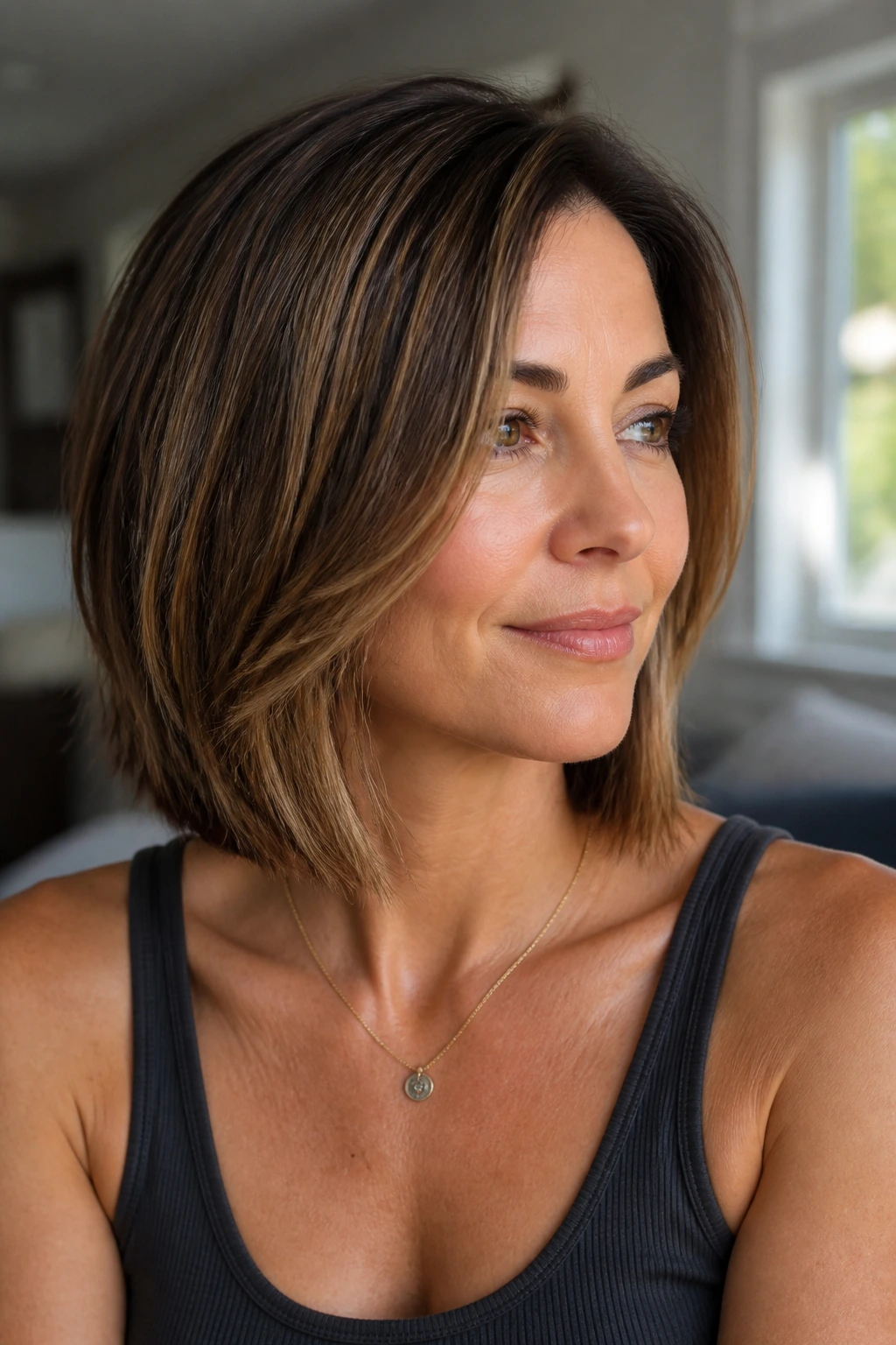 Close-up portrait of a real woman with a grown-in bob featuring invisible layers, jaw-to-collarbone length