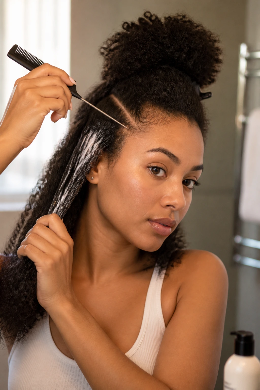 Hands parting hair and applying conditioner during prep for Bantu knot half up half down style.