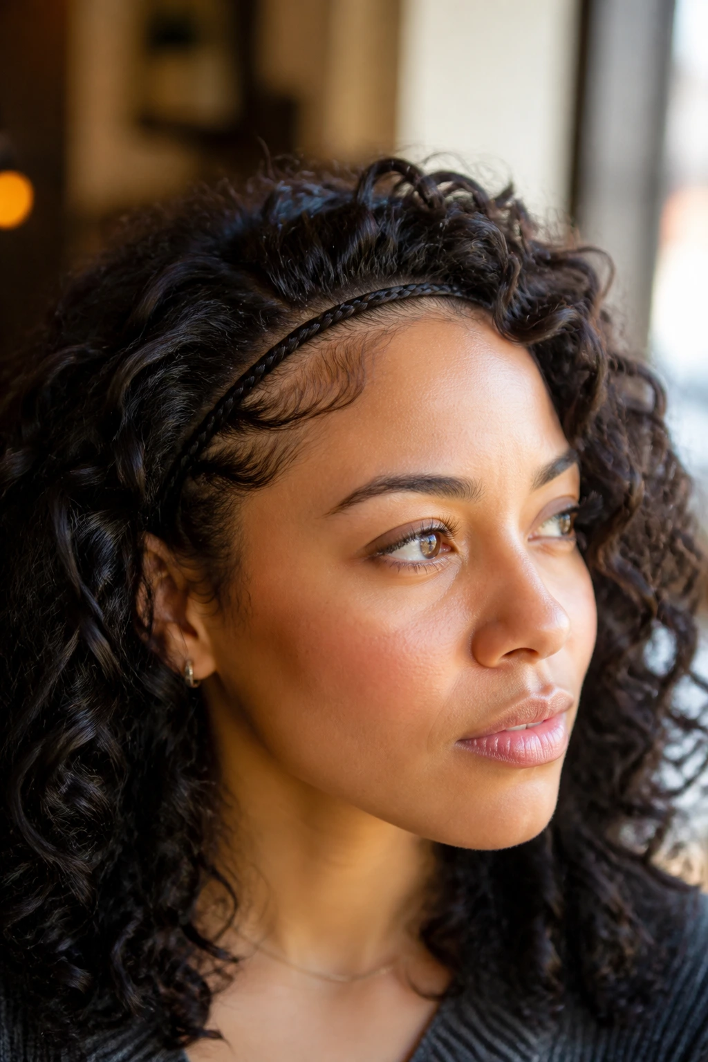 Close-up of a real woman with a hairline microbraid among loose curls in warm light