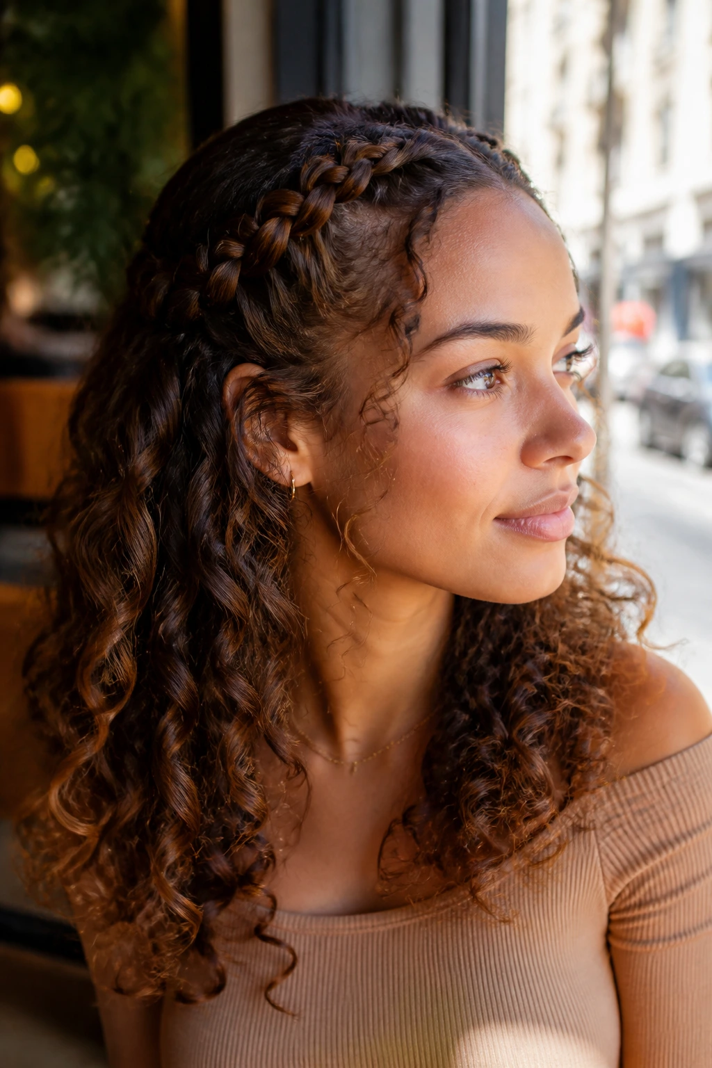 Close-up of a woman with a half halo braid and loose curls