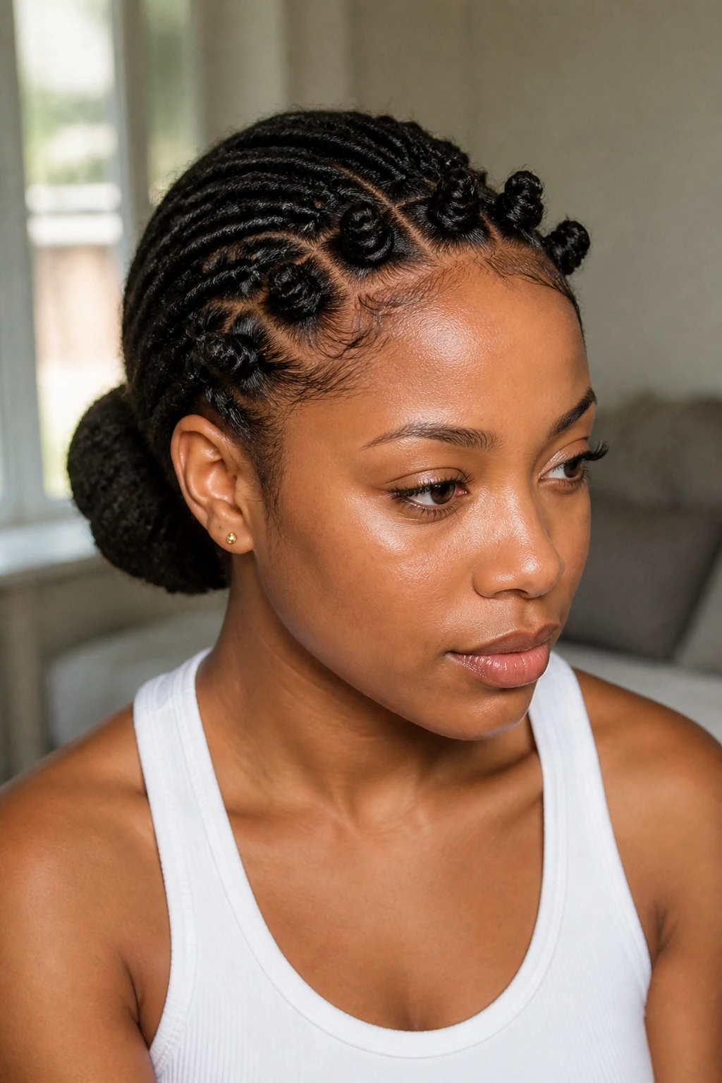 Close-up of a real woman with a curved front row of Bantu knots along the front hairline