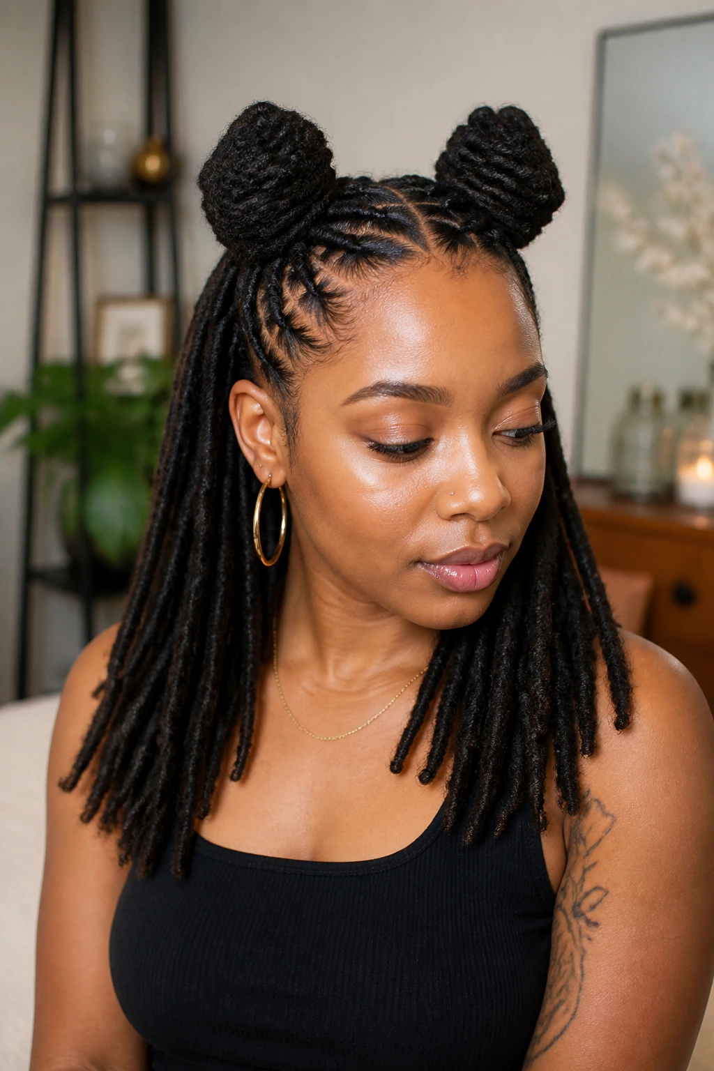 Portrait of a real person with two high Bantu knots on locs