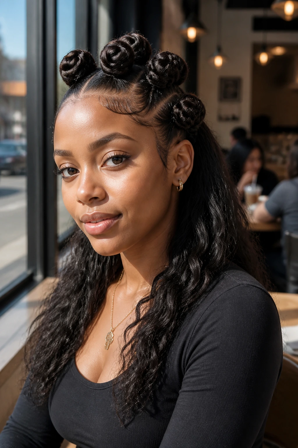 Close-up of a real woman with half-up, half-down Bantu knots hairstyle