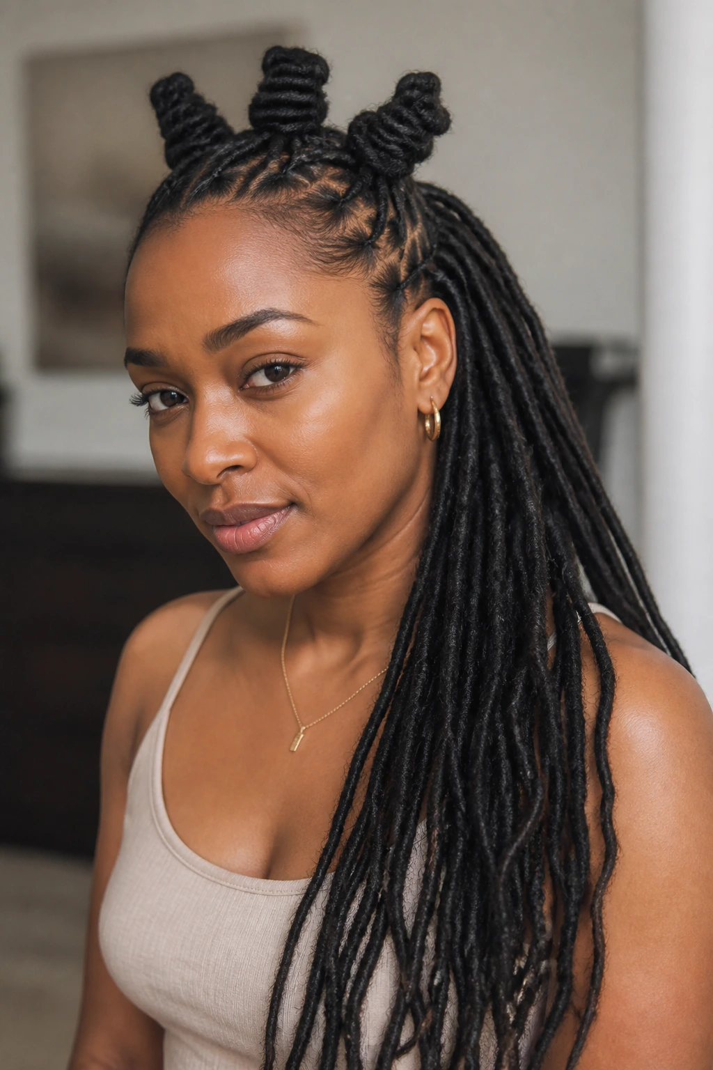 Medium close-up of a real person showing half-up Bantu knots with the back hair loose over the shoulder